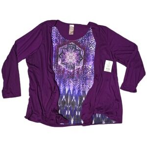 Women's‎ Plus Size 4X/4XG Purple Embellished Knit 2fer Long Sleeve Top NWT (T)